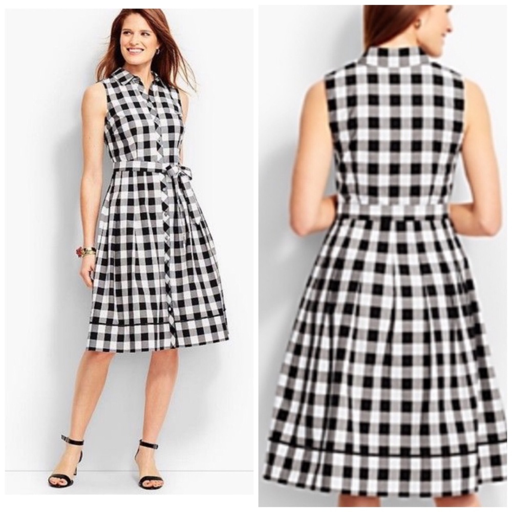 Talbots Gingham Shirt Dress Belted Black White